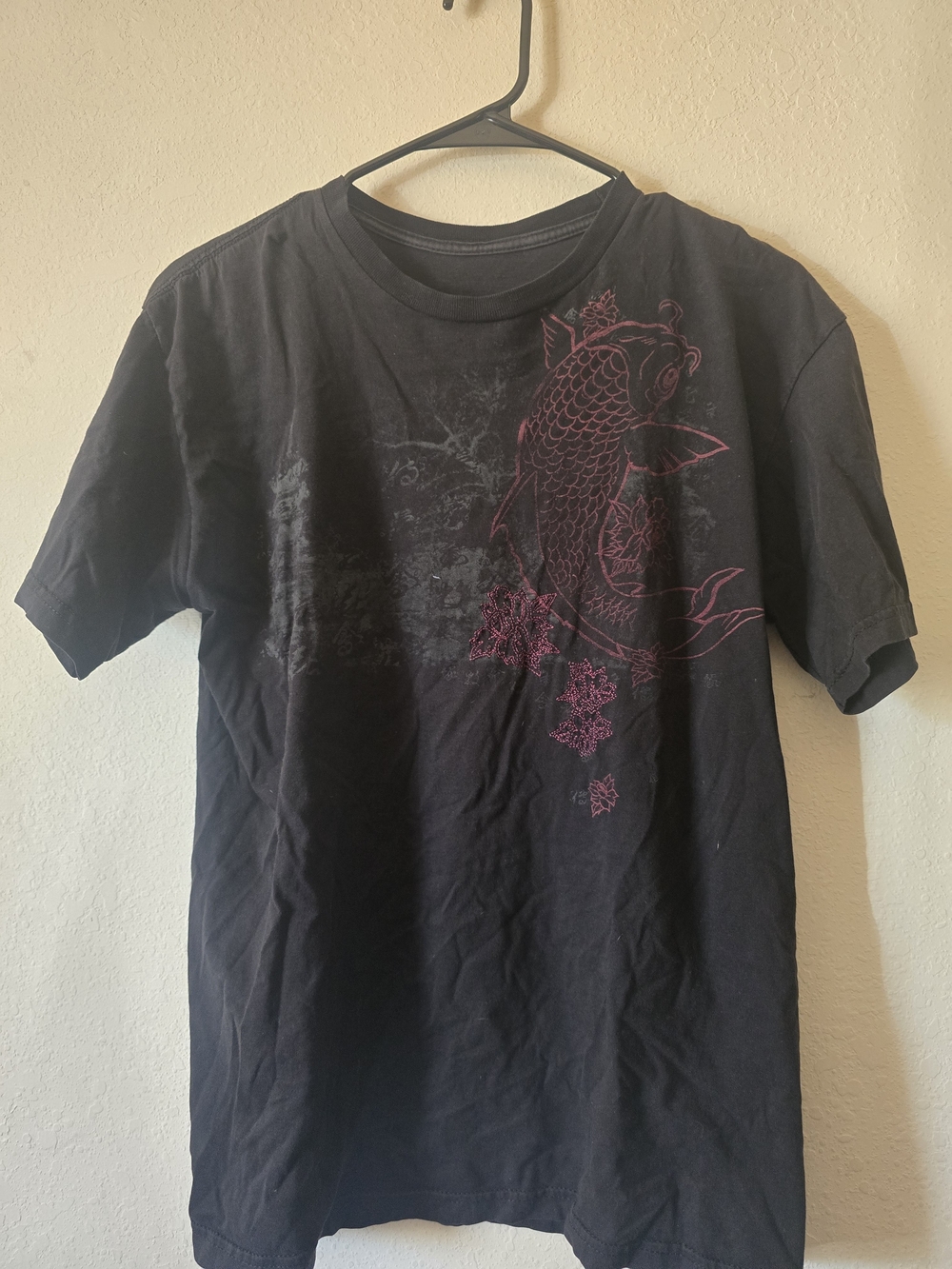 Affliction Black Short-Sleeve Tee with Dark Magenta Koi Graphic